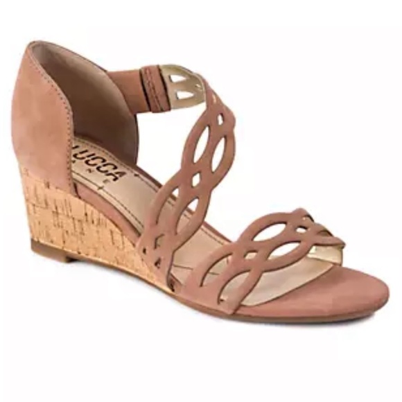 LUCCA LANE Evan Cork Wedge Blush Suede Sandals - Picture 1 of 9